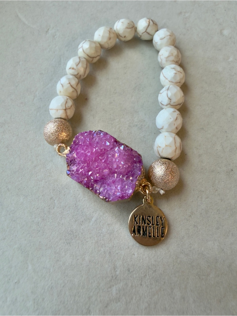 Kinsley Armelle Druzy Stretch Bracelet White Beads Pink Druzy Gold Accents